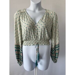 Shareen Collections Sz: 12 Ivory Teal Boho Peasant Blouse (b55)